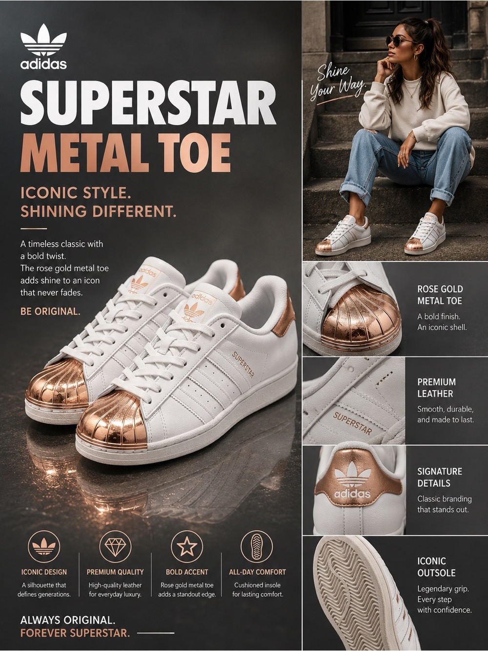 adidas Women’s White Sneakers with Rose Gold Shell Toe Caps